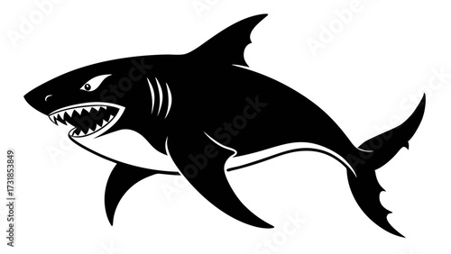 Vector illustration of aggressive black shark silhouette with sharp teeth and menacing eyes
