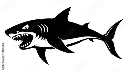 Vector illustration of aggressive black shark silhouette with sharp teeth and menacing eyes