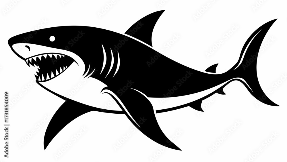 Fototapeta premium Vector illustration of a black and white illustration of a shark with its mouth open and teeth bared, isolated on a