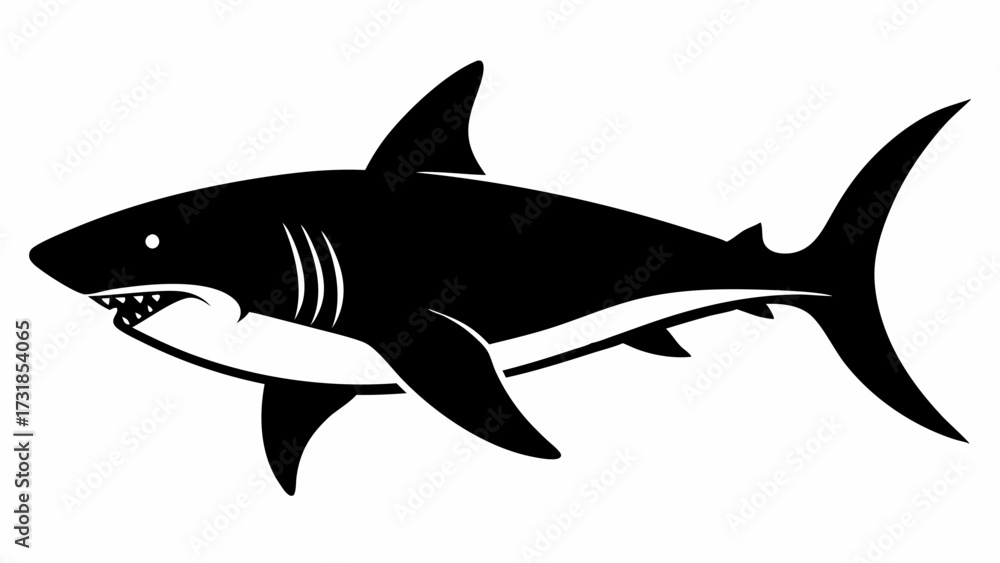 Obraz premium Vector illustration of a black silhouette of a great white shark with its mouth open, isolated on a, showcasing its sharp teeth and powerful fins, representing danger and the ocean