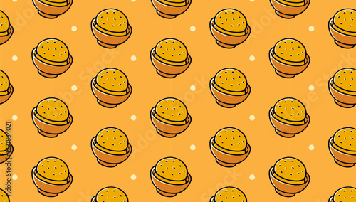 Renaibao prosperity cake with dot colorful pattern on yellow background. Chinese fa gao steamed cupcake doodle seamless pattern background. Steamed cake isolated motif for food, restaurant, dessert