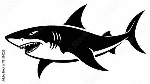 Vector illustration of a black and white illustration of a shark with its mouth open and teeth bared, isolated on a