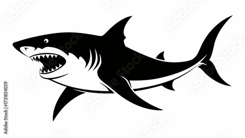 Vector illustration of a black and white illustration of a shark with its mouth open and teeth bared, isolated on a