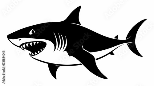 Vector illustration of a striking black silhouette of a shark with its jaws agape, revealing rows of sharp teeth, set against a clean, symbolizing a fierce predator of the deep sea