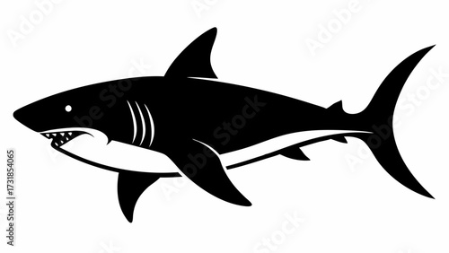 Vector illustration of a black silhouette of a great white shark with its mouth open, isolated on a, showcasing its sharp teeth and powerful fins, representing danger and the ocean