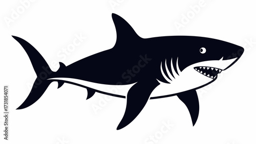 Vector illustration of a bold black silhouette of a shark in profile, its mouth slightly open to show menacing teeth, presented on a plain, evoking the raw power of this apex ocean predator