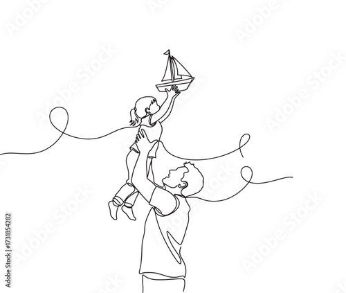 Continuous line drawing of a father lifting his daughter who is holding a toy boat simple vector illustration on white