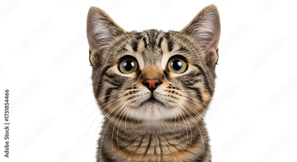 Fototapeta premium Tabby cat portrait on white background looking upwards