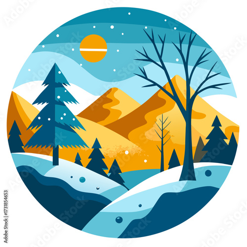Vector illustration of a tranquil winter scene with rolling snowcovered hills, dark pine trees, and a solitary bare tree under a starry night sky and a glowing moon
