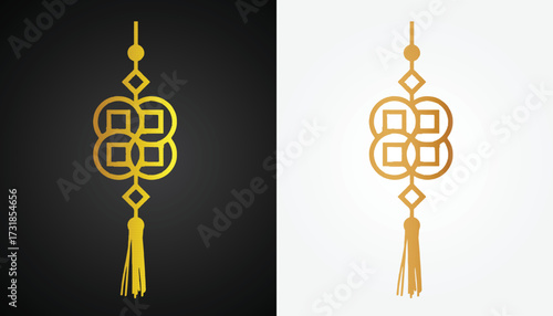 Vector image of a Chinese lantern hanging motif logo with beautiful and cool gold color variations with a cool bamboo circle motif with a black and white background for various design and branding pur