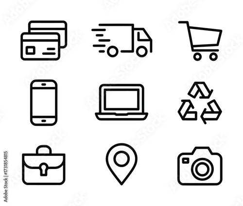 Online Shopping & Payment Line Icons - Credit Card, Delivery Truck, Cart, Smartphone, Laptop, Recycle, Briefcase, Location, Camera for Retail, Apps & Logistics UI