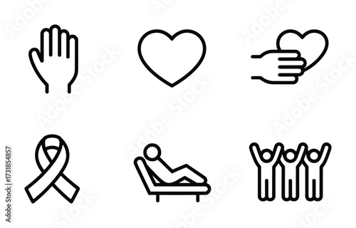 Empathy & Humanitarian Support Line Icons - Open Hand, Heart, Holding Heart, Awareness Ribbon, Patient, Group Celebration for Nonprofits, Healthcare & Community UI