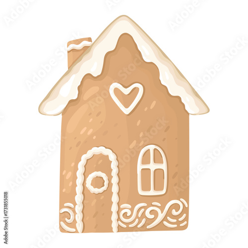 Gingerbread House illustration with creamy pattern. Christmas decor. Vector.