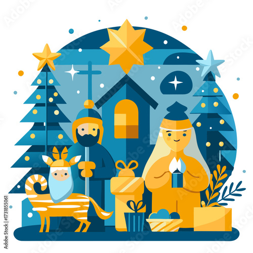 Vector illustration of nativity scene illustration with mary, joseph, and a lamb, featuring christmas trees, gifts, and stars, symbolizing the birth of jesus and the holiday spirit
