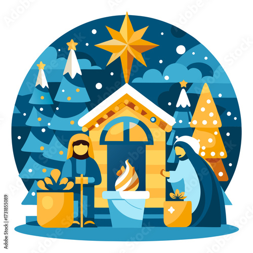 Vector illustration of nativity scene with mary, joseph, and the star of bethlehem in a snowy forest setting with christmas trees