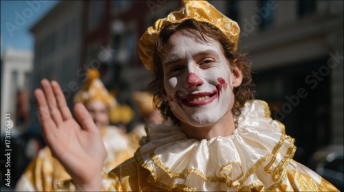 A whimsical Caucasian male clown in golden ruffles waves amidst Carnivalesque festivities, echoing World Circus Day's jubilance