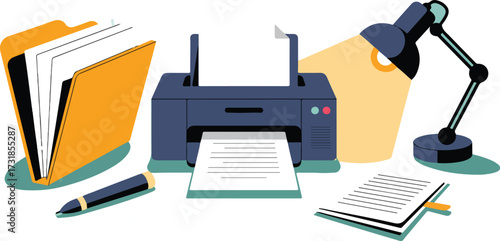 Document scanner with papers and desk lamp for office work