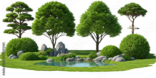 Green trees and shrubs isolated on white background for design