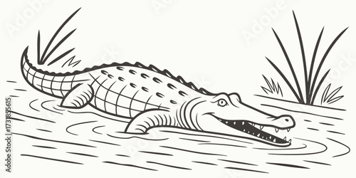 Vector illustration of a crocodile lying partially in water on a riverbank. Include realistic scales, rippling water, subtle vegetation, minimal distractions, clean wildlife composition.