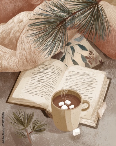 Cozy winter afternoon with a warm drink, a good book, and soft blankets