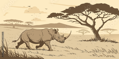 Vector illustration of a rhinoceros walking through grassy plains. Include dust clouds, sparse acacia trees, realistic textures, minimal extra elements, dramatic wildlife poster style.