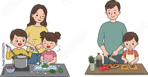 Family cooking together illustration, parents and children preparing food, teamwork in kitchen