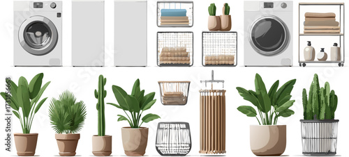 Household appliances and plants vector illustrations on white