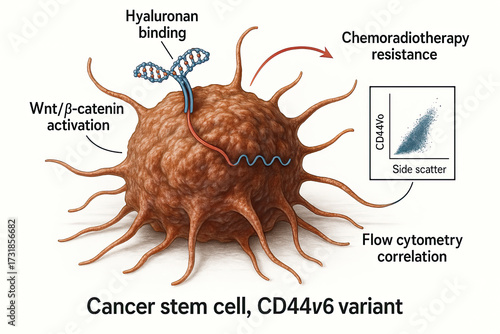 Illustration of a cancer stem cell, CD44v6 variant, highlighting its biological mechanisms including Wnt/β-catenin activation, hyaluronan binding, and its resistance to chemoradiotherapy, with a flow 