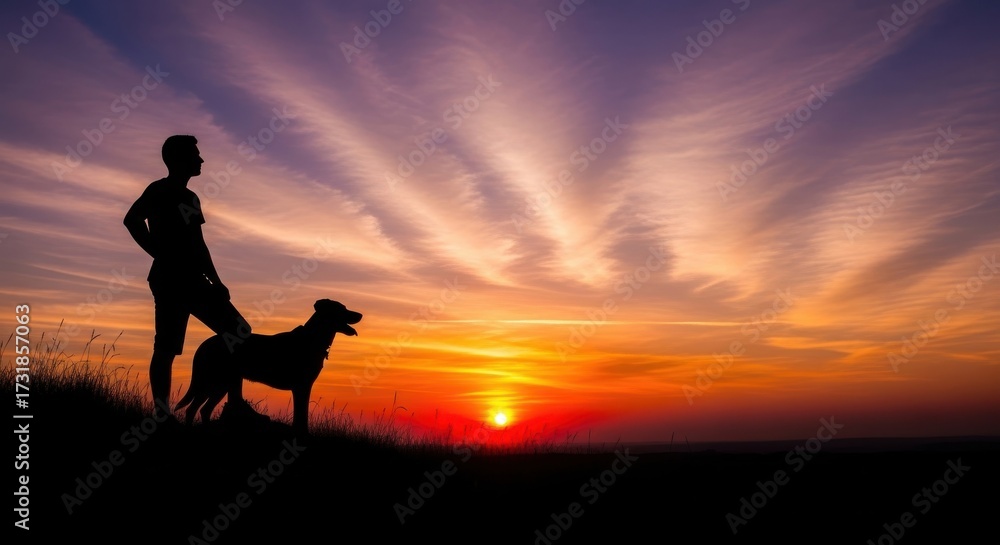 Obraz premium Silhouette of a man and a dog in a calm scene against majestic sunset
