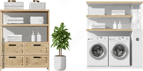 Laundry room and storage shelves with green plant