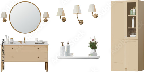 Modern bathroom interior design with vanity mirror and lighting