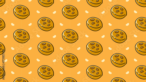 Almond cookie with nuts colorful pattern on yellow background. Nut biscuit baked treat doodle seamless pattern background. Crunchy almond snack isolated motif for bakery and pastry merchandise