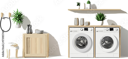 Modern laundry room interior with washing machines and plants