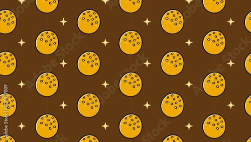Sesame ball chinese dessert with light colorful pattern on tan background. Jian dui fried pastry doodle seamless pattern background. Glutinous rice ball snack isolated motif for bakery merchandise