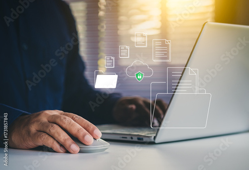 Foto Secure cloud data storage concept, Businessman using laptop with digital folders