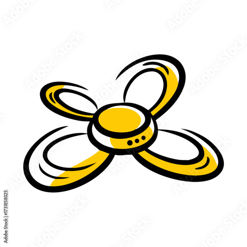 Yellow fidget spinner with three rotating arms in playful design  