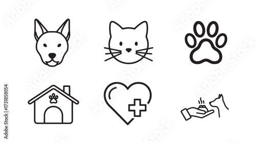 Pet care icon set simple line art vector illustration for veterinary clinic isolated on white background
