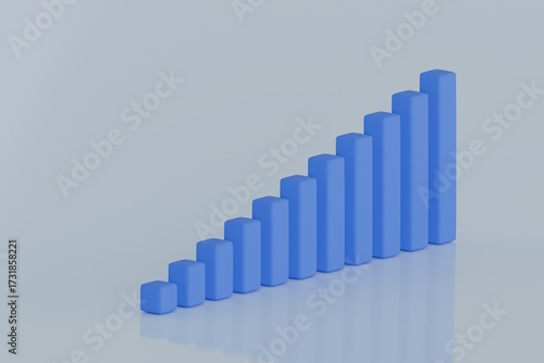Blue 3D bar chart rising on light blue background
