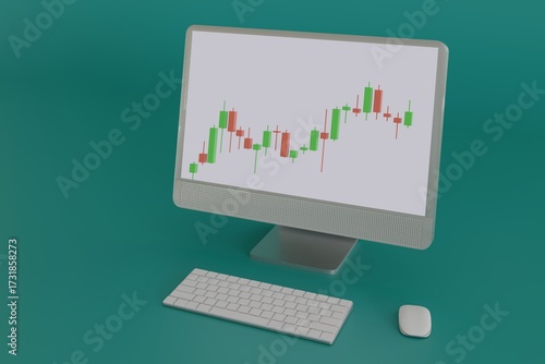 Monitor with candlestick chart, keyboard and mouse