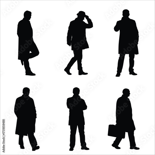 Silhouette Set of Stylish Men Wearing Overcoats in Different Poses Isolated on White Background