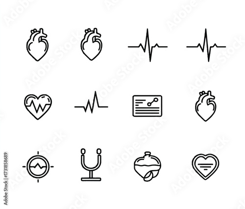 Heart health and cardiology vector icon set featuring anatomical heart heart rate stethoscope medical chart and organic supplement