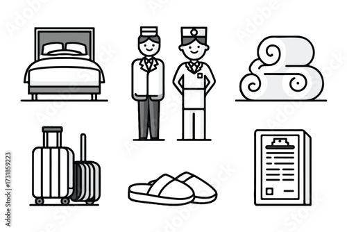 Hotel services and amenities illustration with staff luggage and cozy slippers for comfortable stay