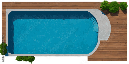 Overhead view of a pool with decking and shrubbery