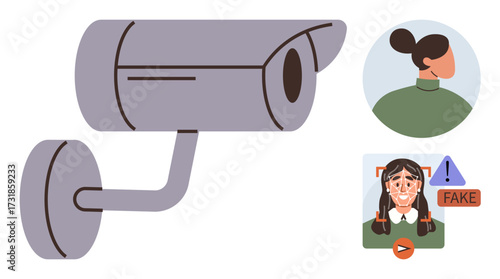 Security camera scans faces, identifies person, detects fake visuals. Ideal for cybersecurity, privacy, artificial intelligence, technology, digital safety identity verification surveillance. A