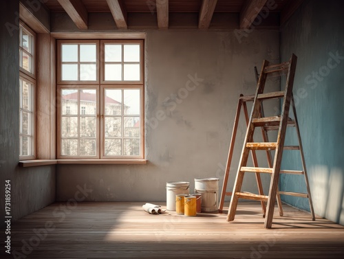 Interior Renovation with Elegant Wood Flooring with Ladder and Houseplant for Interior Design