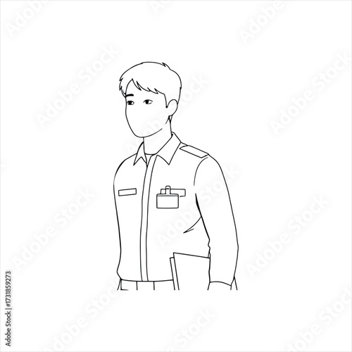 Confident young man in uniform ready for work, line art style illustration for professional, educational, or service industry designs and branding projects