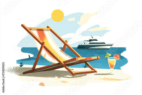 Illustration of a Beach Scene with Deck Chair Yacht and Tropical Drink Enjoying the Vacation