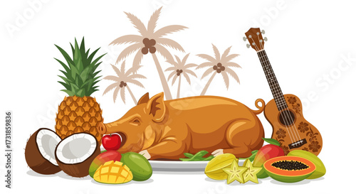 Luau still life with roasted pig tropical fruit palm trees and ukulele