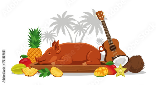 Luau still life with roasted pig tropical fruit palm trees and ukulele
