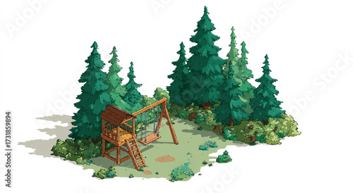 Illustration of a wooden playground with swing set and tower surrounded by green trees in a park setting